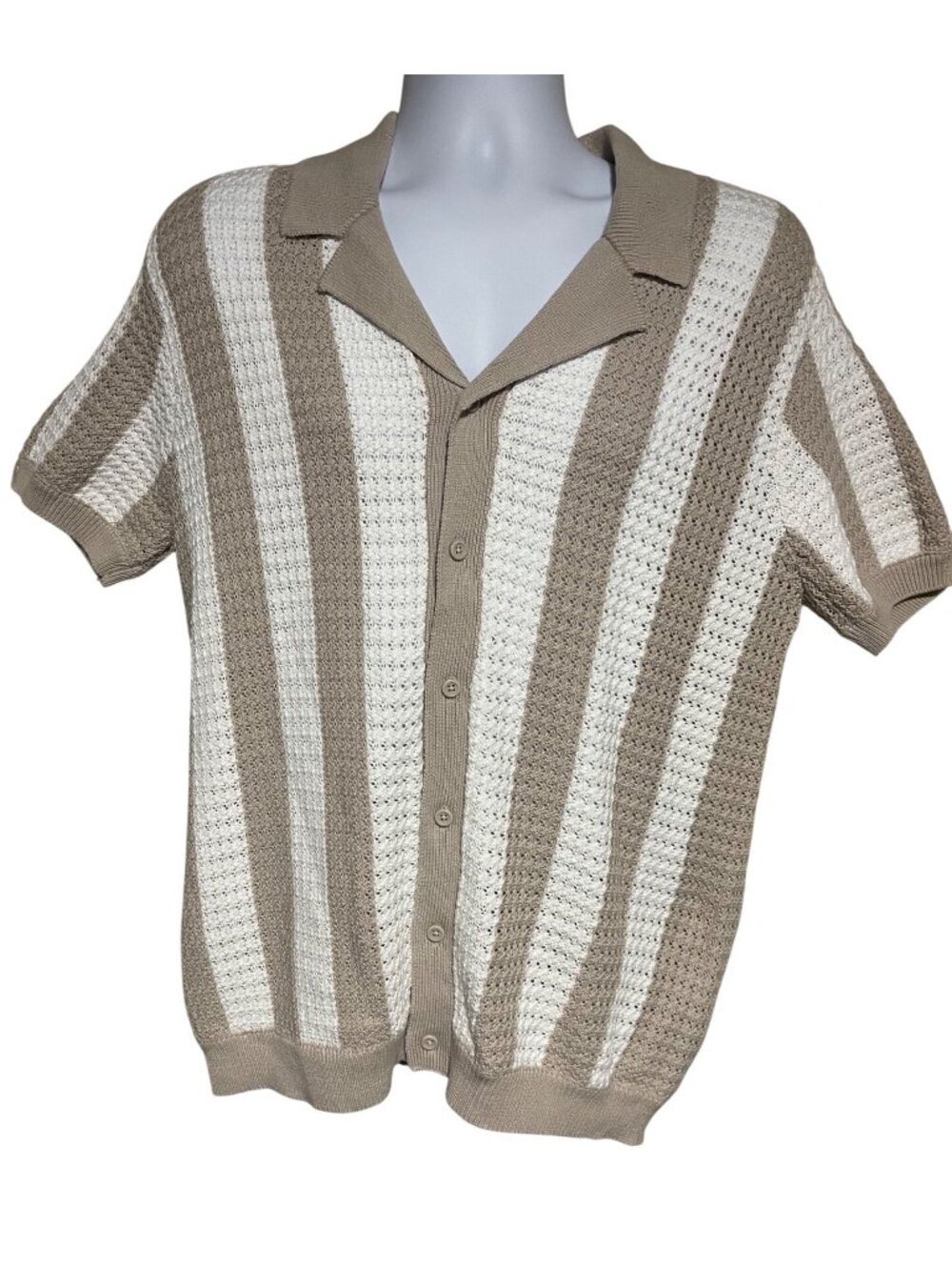 William Rast Striped Short Sleeve Knit Button-Up Shirt Mens Medium Beige White